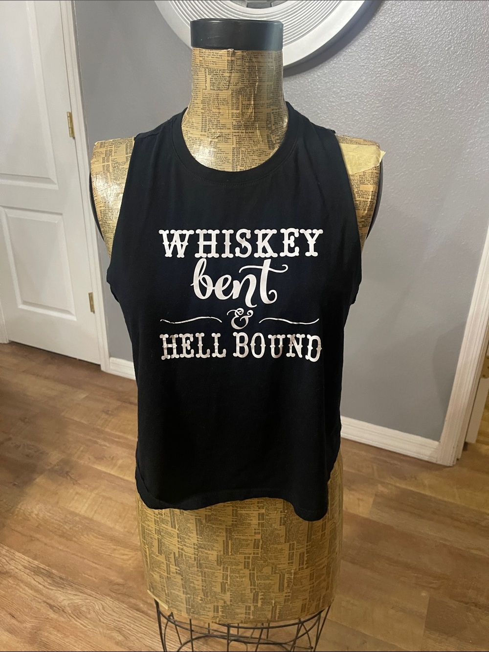 Bella Canvas Black Tank Top with White 'WHISKEY bent & HELL BOUND' Print - sizeL